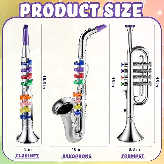 Set of 3 Saxophone for Kids Musical Instruments Toy Saxophone Toy Trumpet and Toy Clarinet with 8 Colored Coded Keys Teaching Songs for Toddlers Children (Silver) - Image 3